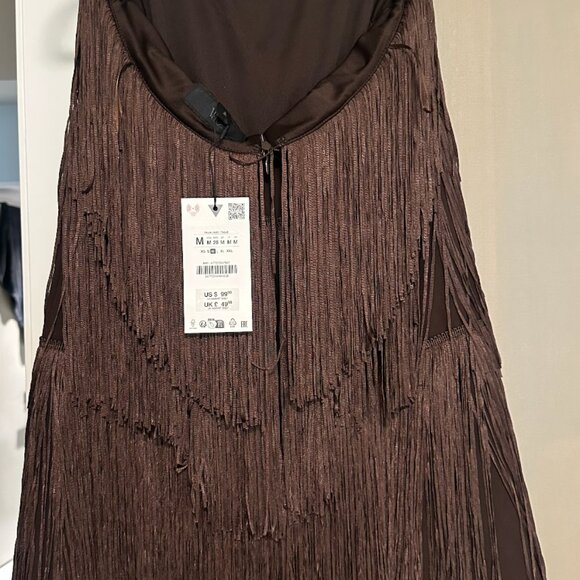 Zara Brown FRINGED STRAPLESS DRESS BNWT - Picture 6 of 7